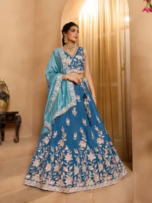 Teal Silk embroidered work Lehenga Choli with Dupatta