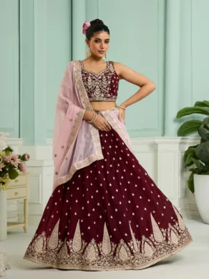 Maroon Organza Fabric Sequins  embroidered work Lehenga Choli with Dupatta