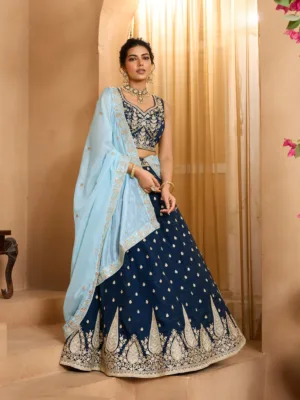 Outstanding Navy Blue Organza Fabric Sequins embroidered work Lehenga Choli with Dupatta