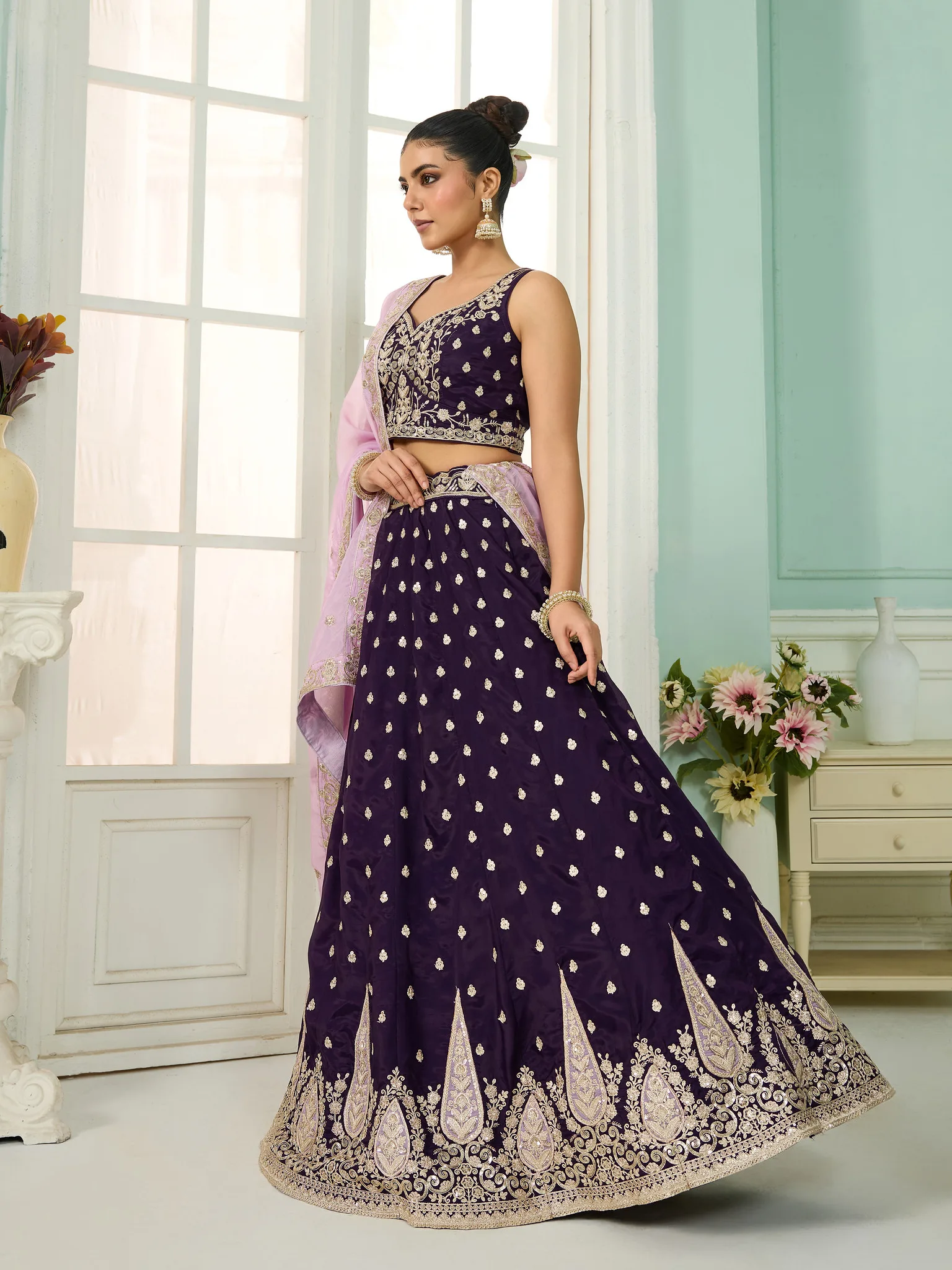 Beautiful Purple Organza Fabric Sequins embroidered work Lehenga Choli with Dupatta - Image 2