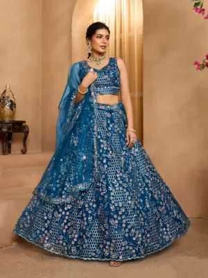 Net Designer Lehenga Choli In Navy Blue Color