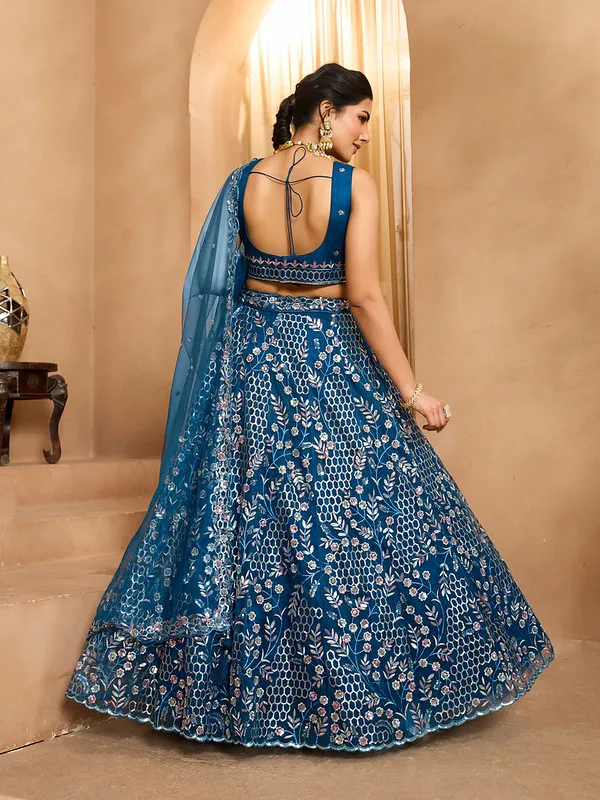 Net Designer Lehenga Choli In Navy Blue Color - Image 2