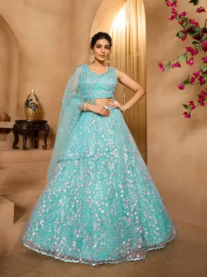 Designer Bollywood Embroidered Sea Green lehenga Choli for Reception