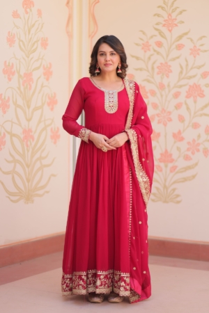Pink Color Georgette Embroidered Readymade Anarkali Gown with Zari & Sequins Embroidered work