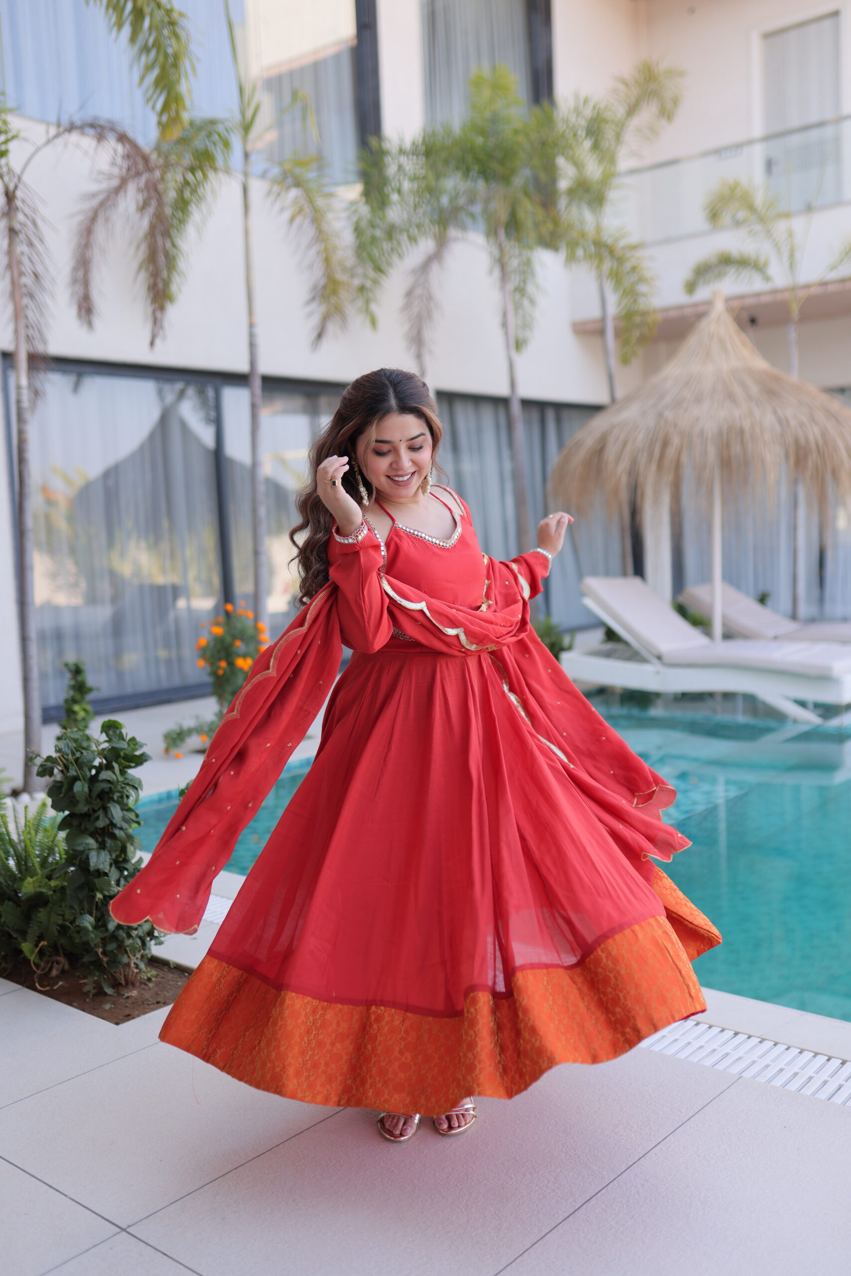 Elegant Red Chanderi Anarkali Suit With Pant & Dupatta For Festival Wear - Image 2