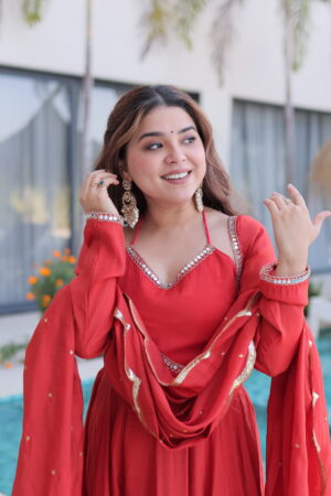 Elegant Red Chanderi Anarkali Suit With Pant & Dupatta For Festival Wear