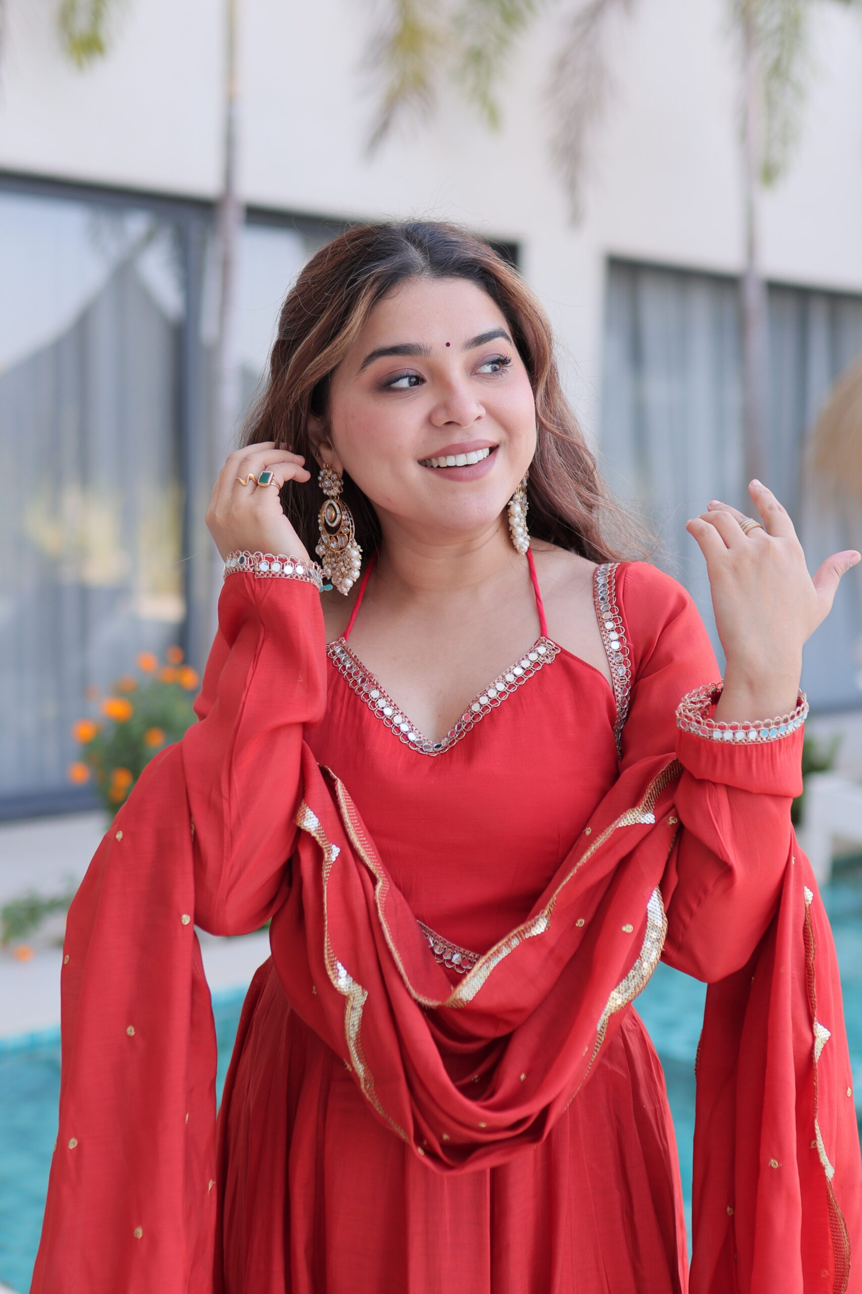 Elegant Red Chanderi Anarkali Suit With Pant & Dupatta For Festival Wear