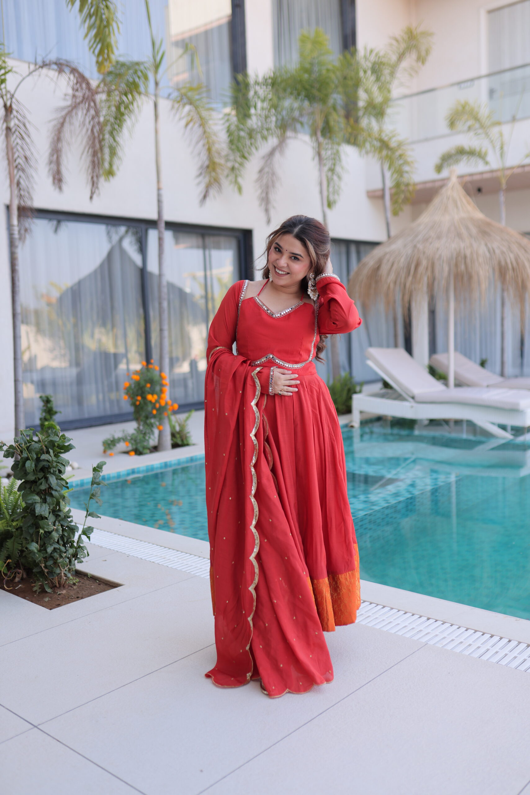 Elegant Red Chanderi Anarkali Suit With Pant & Dupatta For Festival Wear - Image 3