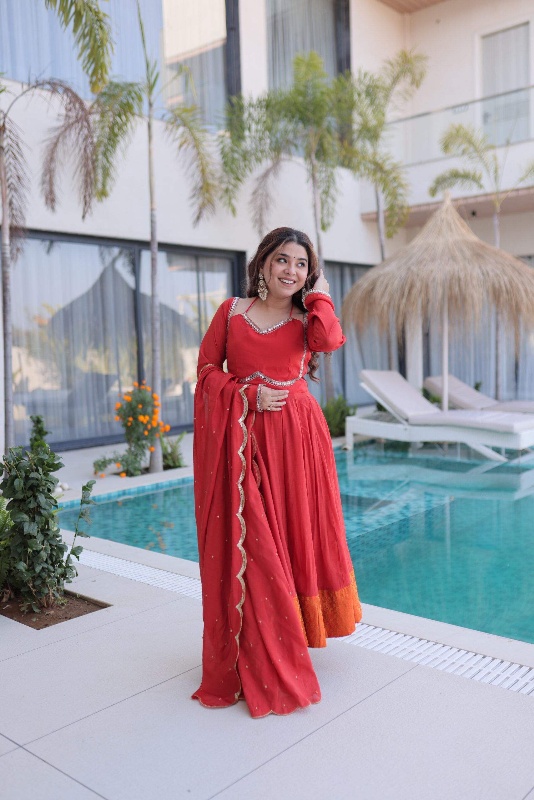Elegant Red Chanderi Anarkali Suit With Pant & Dupatta For Festival Wear - Image 4