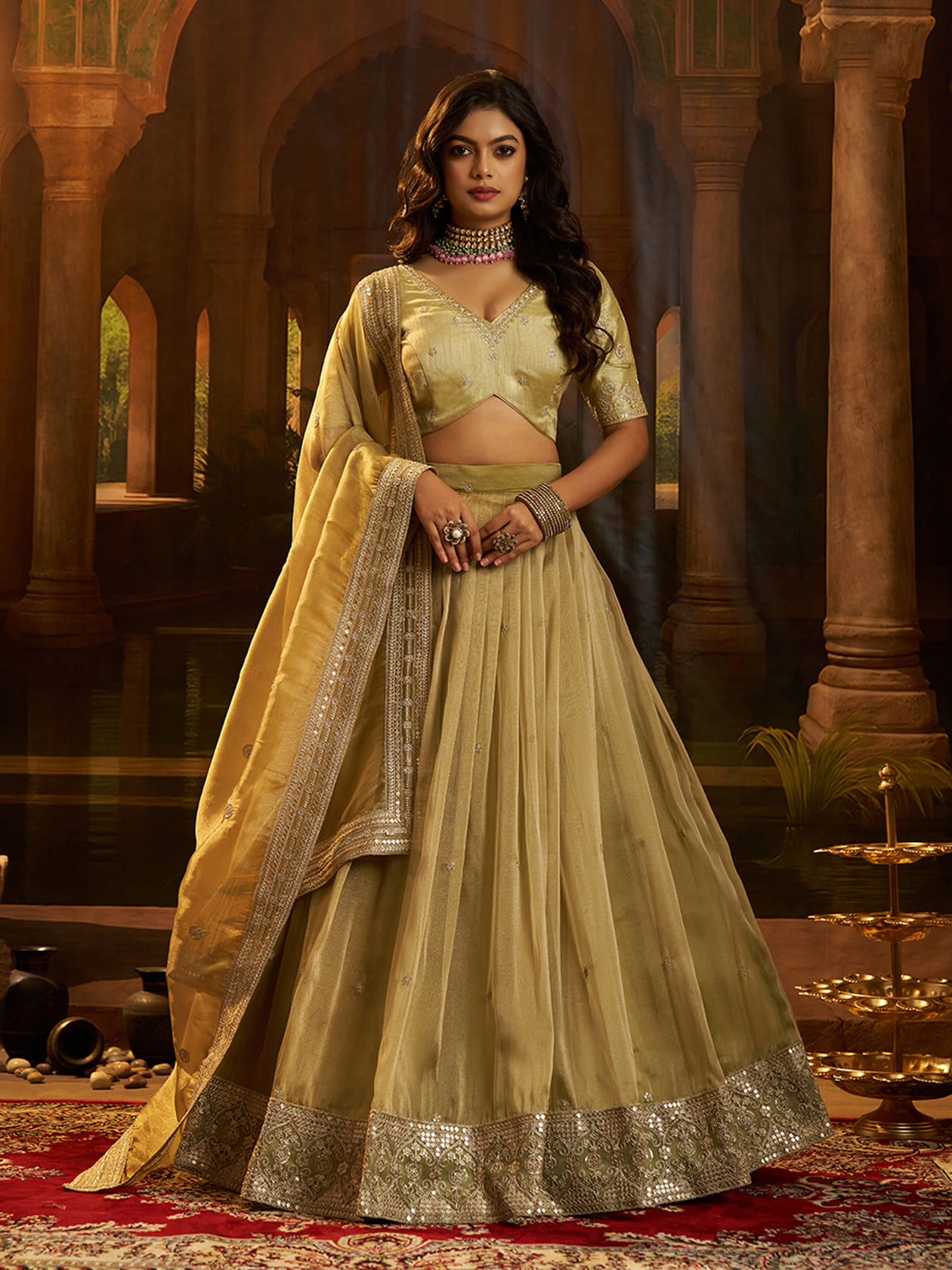 Pure Organza Lehenga (Semi-Stitched) with Sequins, Zari & Dori Embroidery