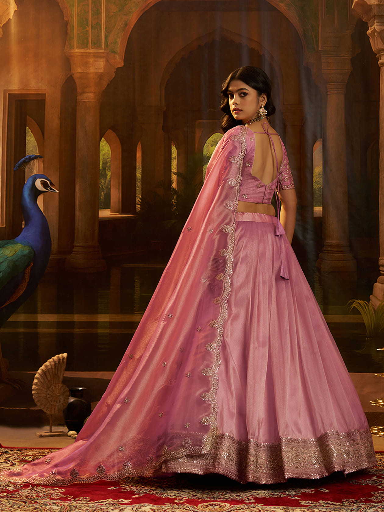 Pure Organza Lehenga (Semi-Stitched) with Sequins, Zari & Dori Embroidery - Image 3