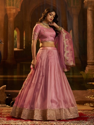 Pure Organza Lehenga (Semi-Stitched) with Sequins, Zari & Dori Embroidery
