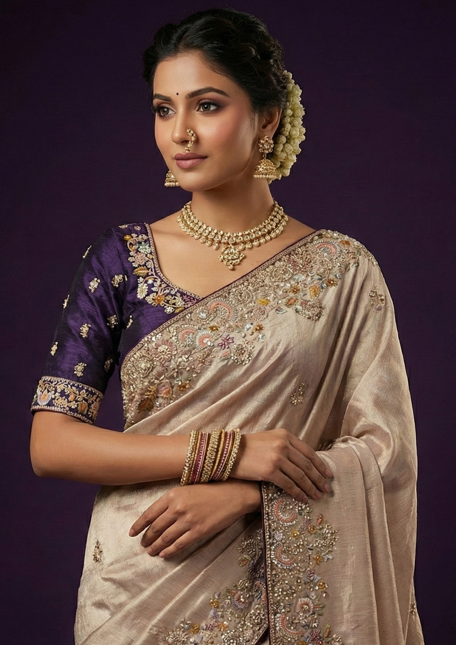 Designer Beautiful Zari Tissue Silk Party Wear Saree with Sequins Embroidery & Swarovski - Image 2