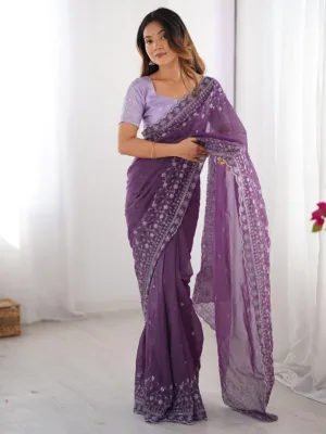 Embroidered Work Saree In Lavender Color for ceremonial