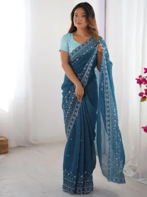 Designer Embroidered Work Saree In Blue