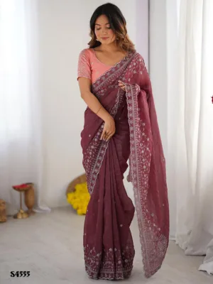 Attractive Wine Embroidered Saree For celebration