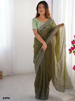 Attractive Mahendi Color Silk Embroidered Saree