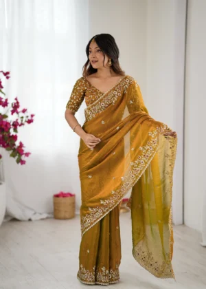 Designer Embroidered Sequence Work Saree In Mustard Color