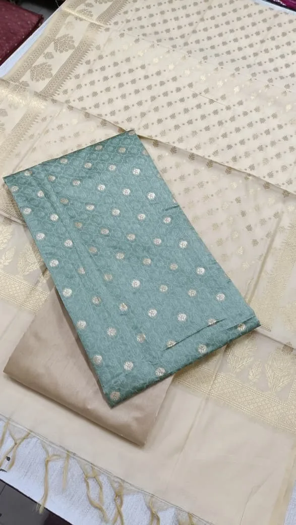 Unstitched Beautiful Banarasi Chanderi Silk Butti Suit with Banarasi Jacquard Dupatta - Image 2