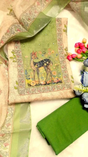 Unstitched Premium Linen Dress Material with Embroidered Neck Work & Digital Print Daman