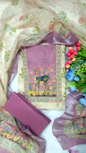 Ethnic Linen Suit Material For Women with Embroidered Neck Design & Digital Print Daman