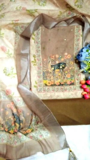 Elegant Linen Dress Material with Embroidered Neck & Digital Printed Daman