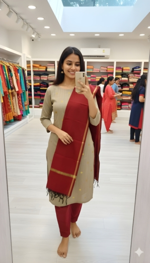 Unstitched Slub Silk Golden Butti Suit with Silk Dupatta