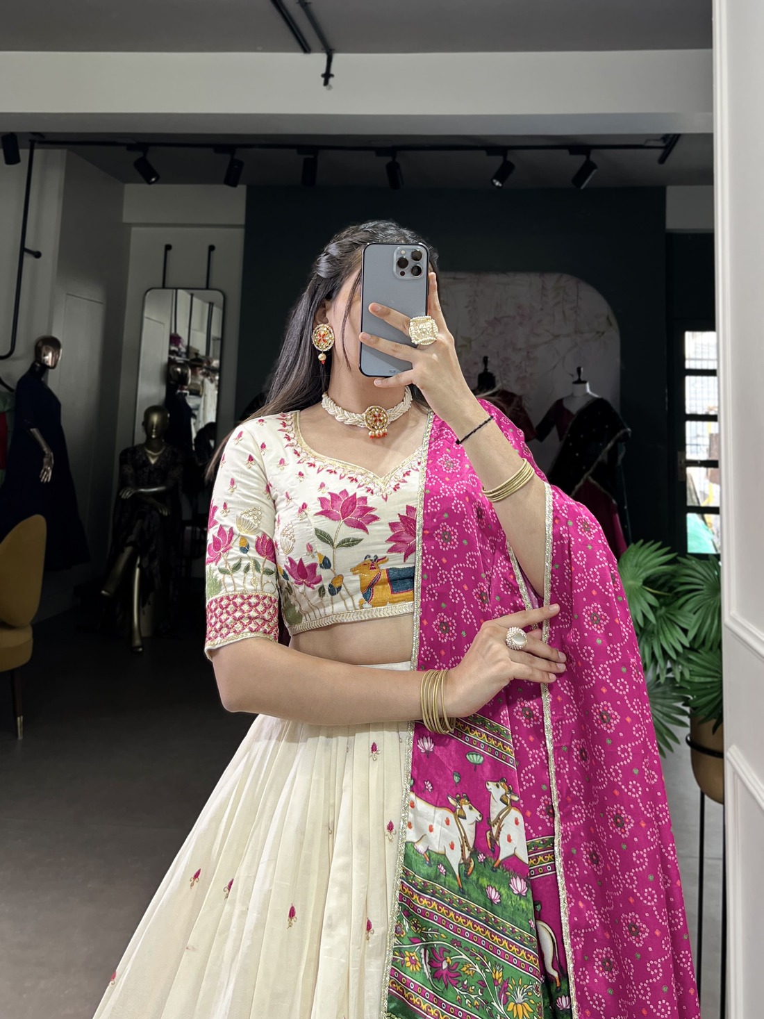 Khadi Cotton Sequins Embroidered Lehenga Choli with Gaji Silk Dupatta - Image 4