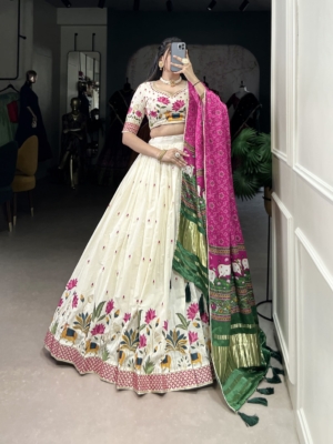 Khadi Cotton Sequins Embroidered Lehenga Choli with Gaji Silk Dupatta