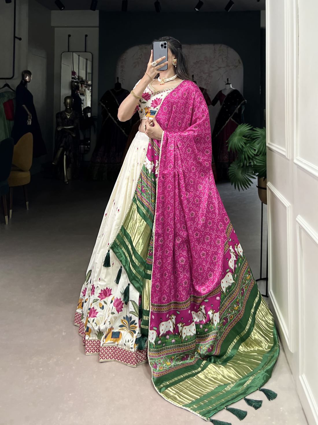 Khadi Cotton Sequins Embroidered Lehenga Choli with Gaji Silk Dupatta - Image 2