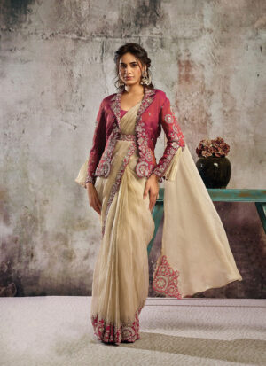 Pre-Stitched Golden Red Organza Contemporary Saree