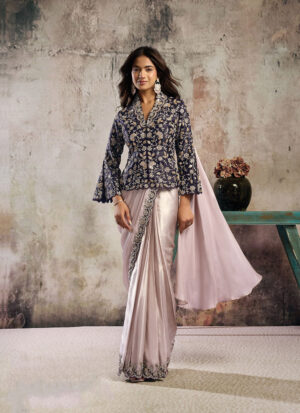 Cream Purple Classic Saree with Elegant Embroidery and Sequins Work