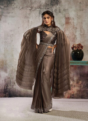 Brown Satin Beads and Embroidered Work Classic Saree