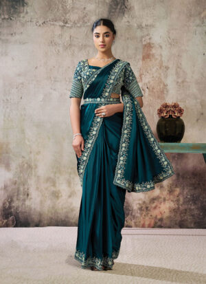 Teal Satin Embroidered and Sequins Work Satin Traditional Saree For Women