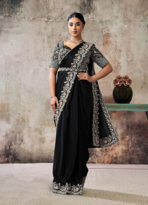 Black Satin Silk Embroidered and Sequins Work Contemporary Sari for Women