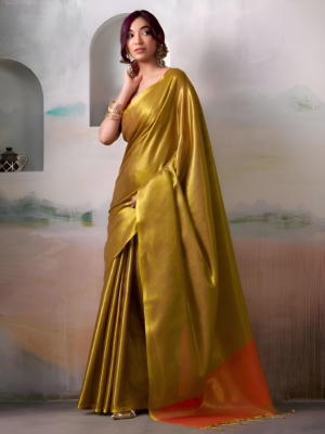 Elegant Golden Pure Handloom Tissue Saree With Blouse Piece For Partywear