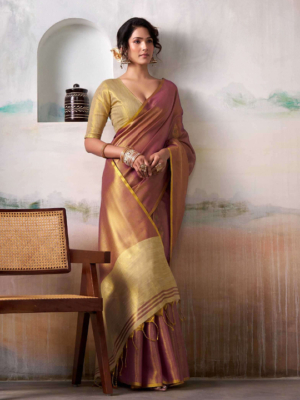 Golden Wine Tissue Silk Partywear Handloom Plain Saree For Women