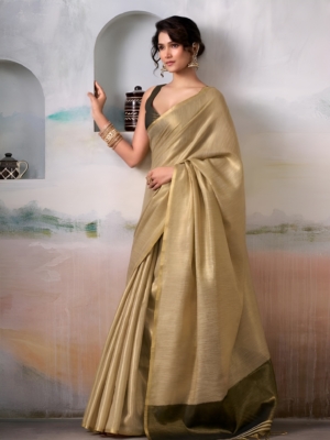 Beige Shimmer Tissue Silk Partywear Handloom Plain Saree for Women