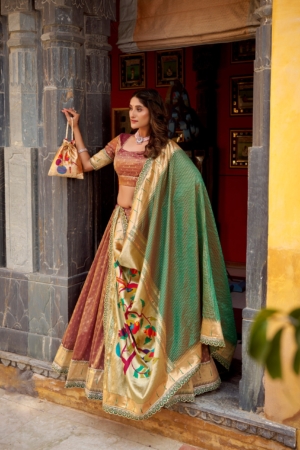 Elegant Shimmer Organza Lehenga Set with Zari Weaving & Paithani Green Dupatta