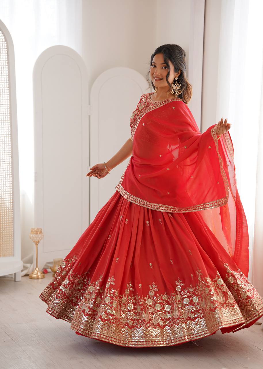 Mesmerizing Orange Thread Work Shimmer Silk Lehenga with 3 Meter Flair