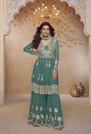 Luxury Real Chinnon Embroidered Palazzo Suit Set With Front & Back Heavy Work