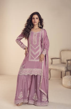 Elegant Real Chinnon Readymade Embroidered Suit Set with Plazzo & Dupatta