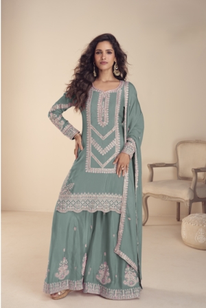 Women’s Real Chinnon Embroidered Free Size Partywear Top Plazzo Dupatta Set