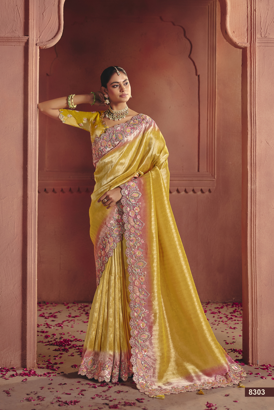 Yellow Silk Sari with Embroidered, Sequins and Thread Work for Women