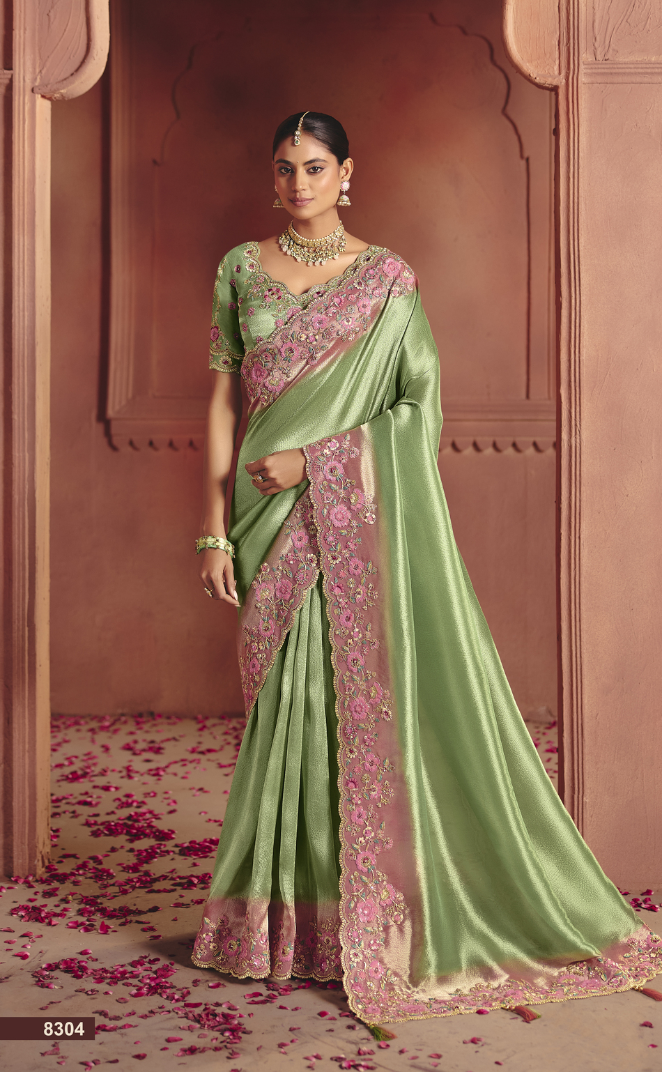 Green Silk Designer Saree with Embroidered, Sequins and Thread Work