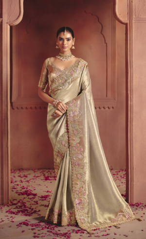 Beige Silk Designer Heavy Embroidery Zari Silk Festive Saree