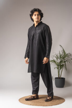 Black Silk Blend Embroidered Kurta Pyjama For Marriage