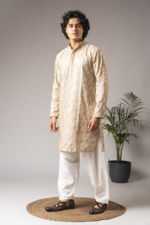Beige Viscose Embroidered Kurta Pyjama For Marriage Function