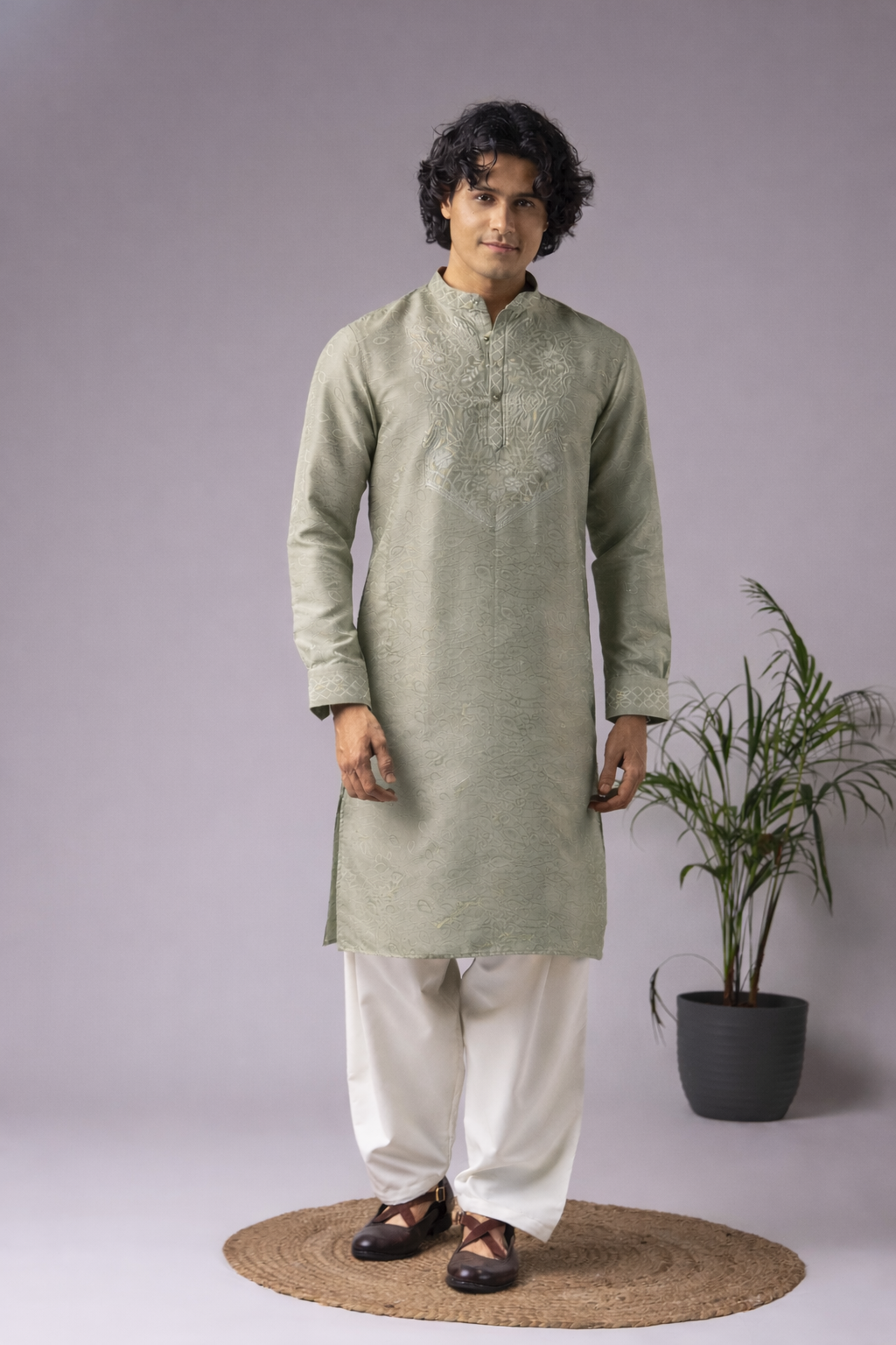 Green Viscose Embroidered Kurta Pyjama For Engagement