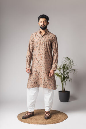 Men’s Brown Modal Silk Kurta with Motifs and White Cotton Pajama Set